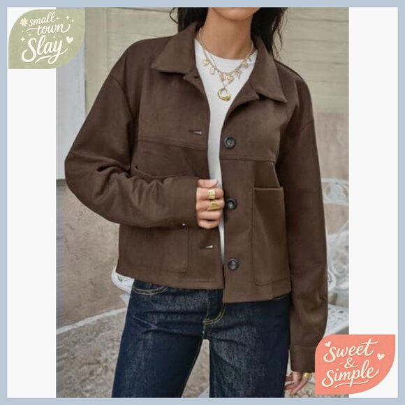 Cropped Faux Suede Jacket Lapel Collar Button Down Casual Winter Shacket - Picture 2 of 6